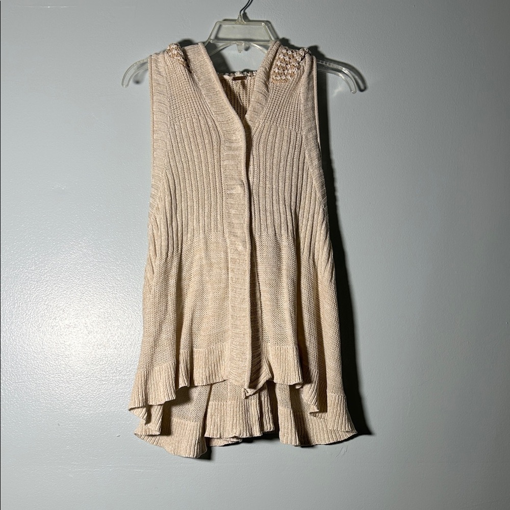 FP Beige Crochet Knit Sleeveless Hooded Cardigan